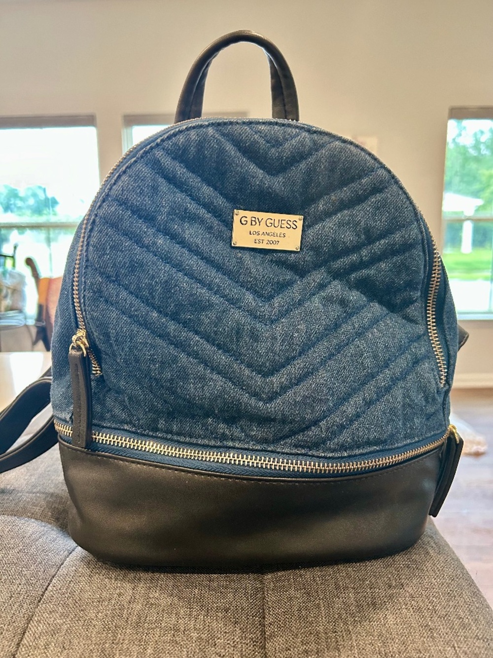 G by GUESS Quilted Denim Mini Backpack Blue Jean Black Leather Gold Hardware
